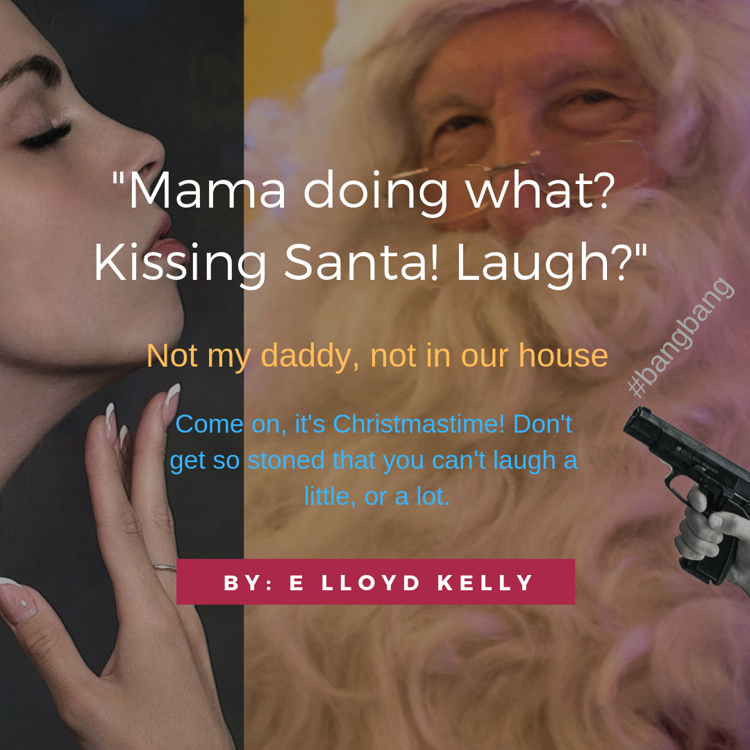 Picture of Santa Claus on the right while a woman is standing in a doorway to the left waiitng ready for Santa's kiss